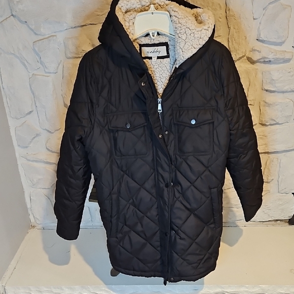 Sherpa Lined Black Quilted Puffer Zip Up Parka Hooded Jacket Large - Picture 3 of 8